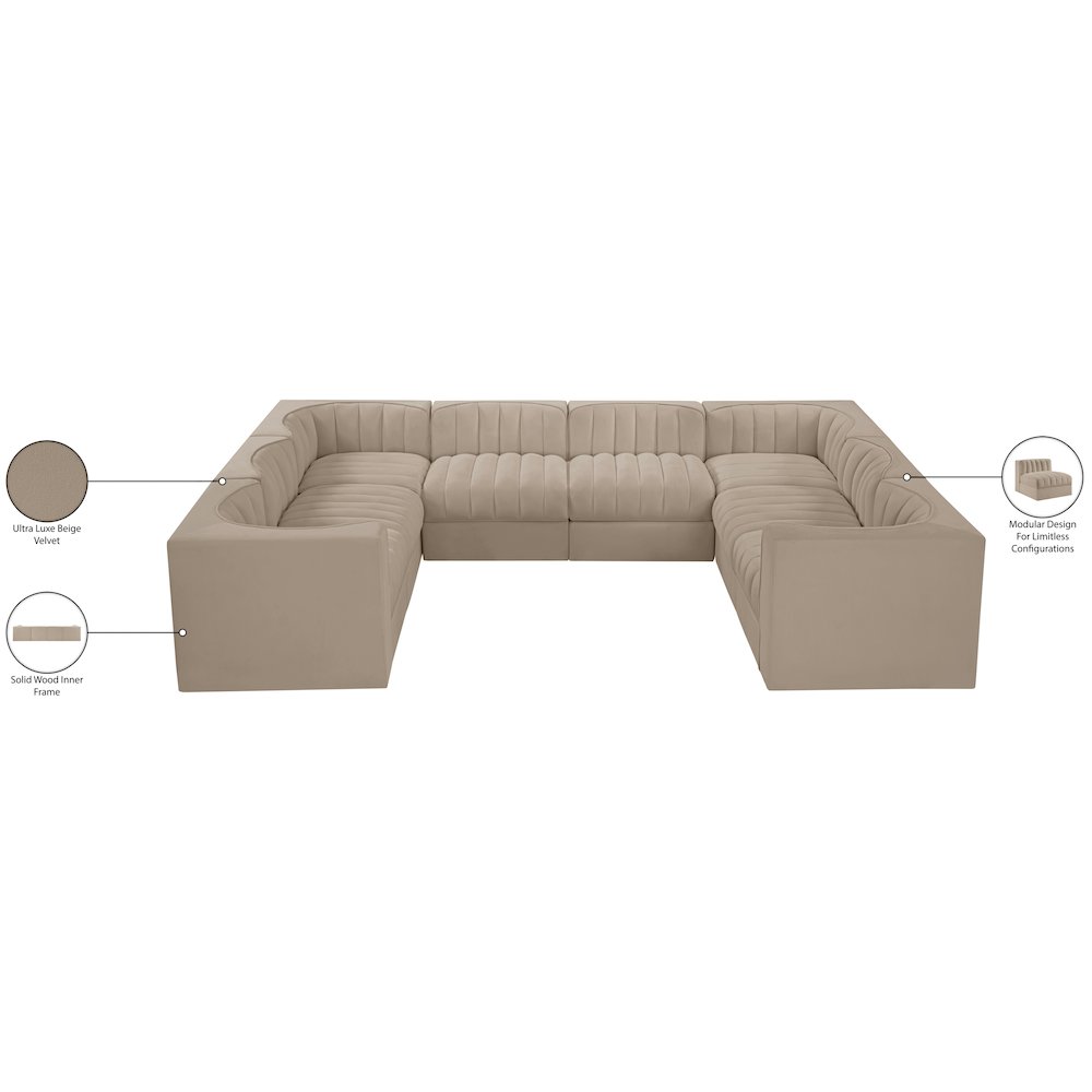 Rummi Beige Velvet Performance Fabric Upholstered 8pc.Modular Sectional