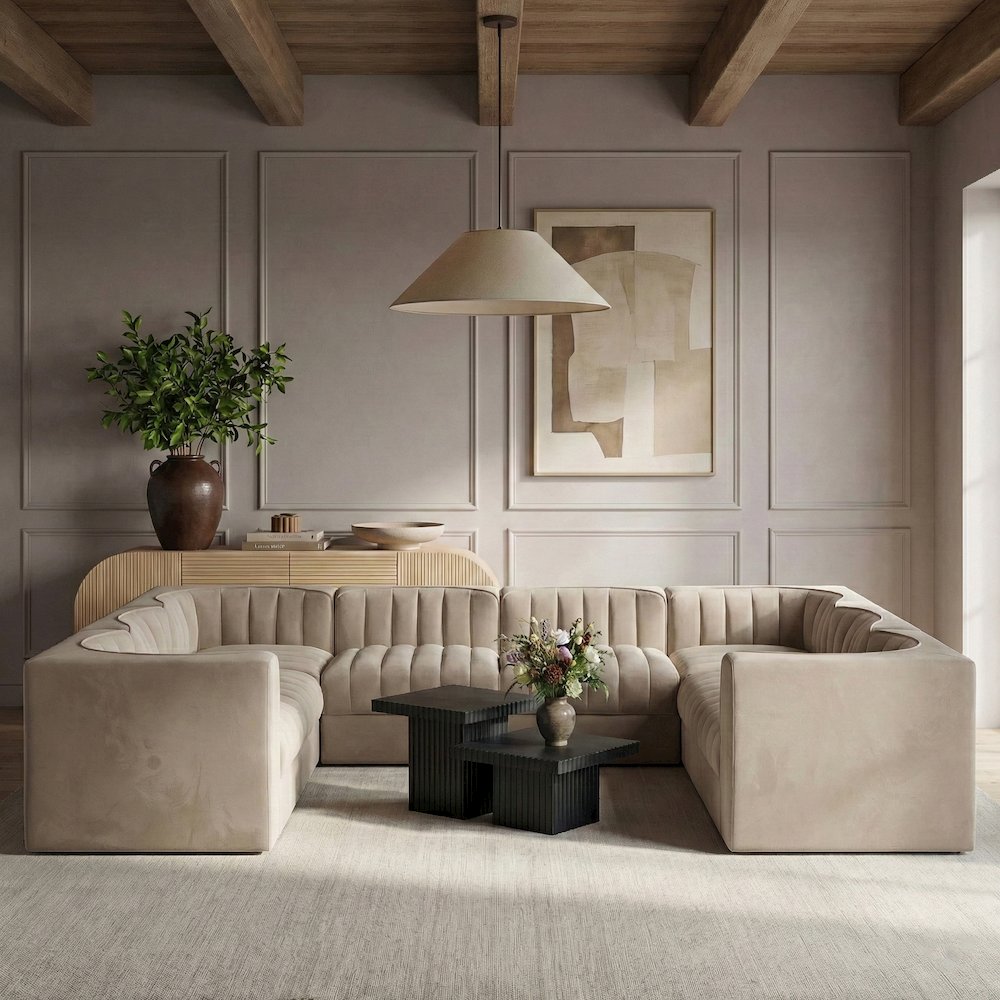 Rummi Beige Velvet Performance Fabric Upholstered 8pc.Modular Sectional