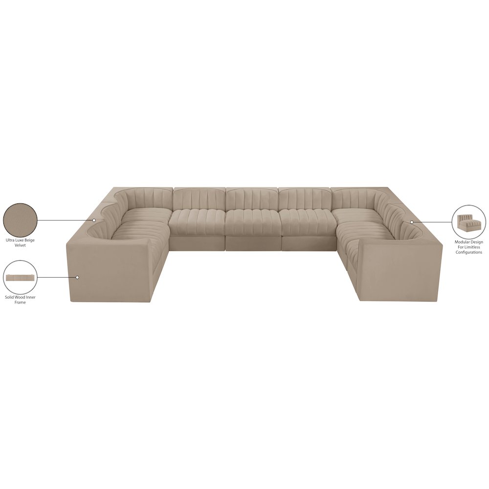 Rummi Beige Velvet Performance Fabric Upholstered 9pc. Modular Sectional