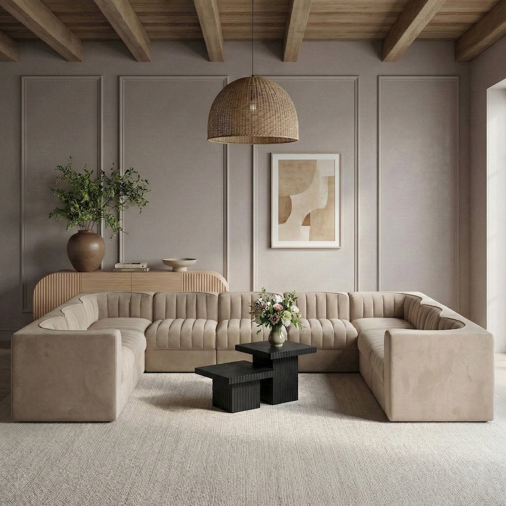 Rummi Beige Velvet Performance Fabric Upholstered 9pc. Modular Sectional