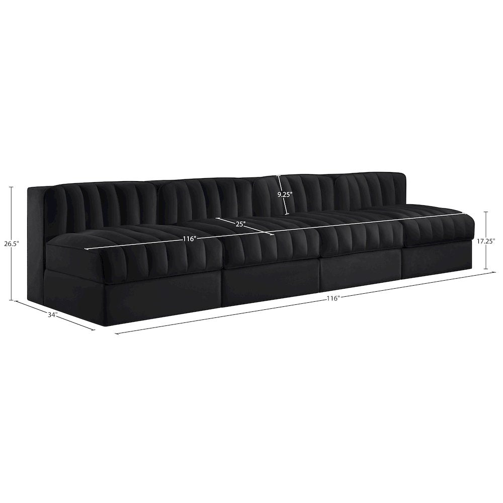 Rummi Black Velvet Performance Fabric Upholstered 4pc. Modular Sofa