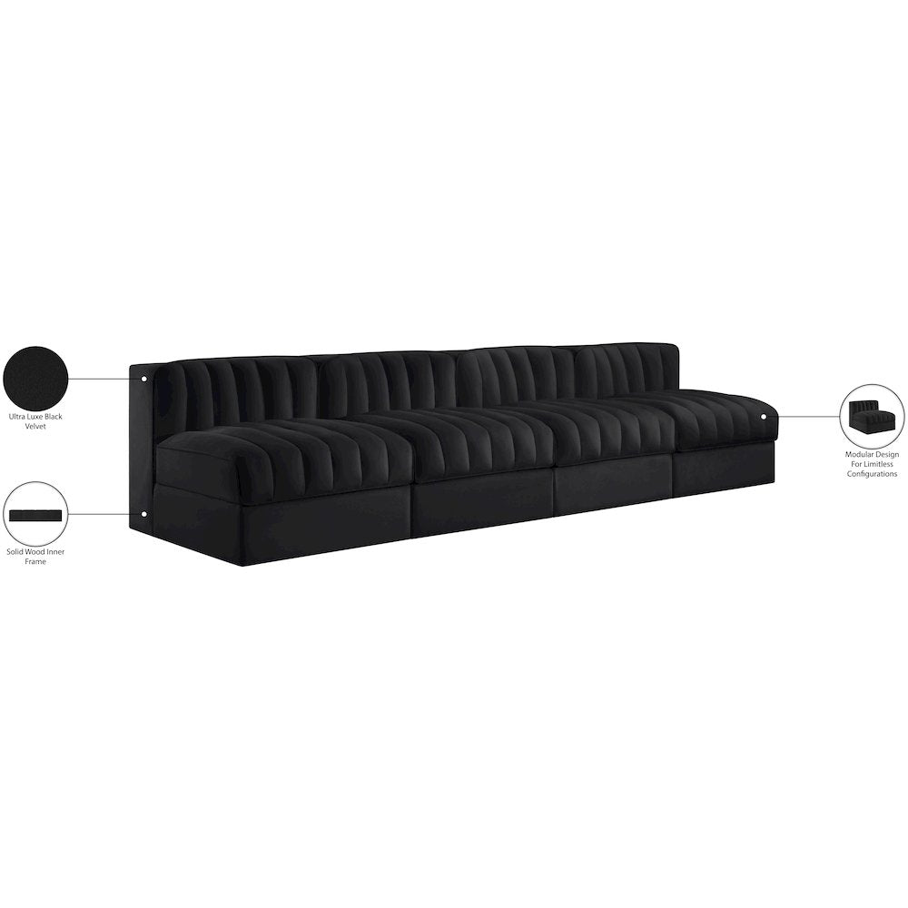 Rummi Black Velvet Performance Fabric Upholstered 4pc. Modular Sofa