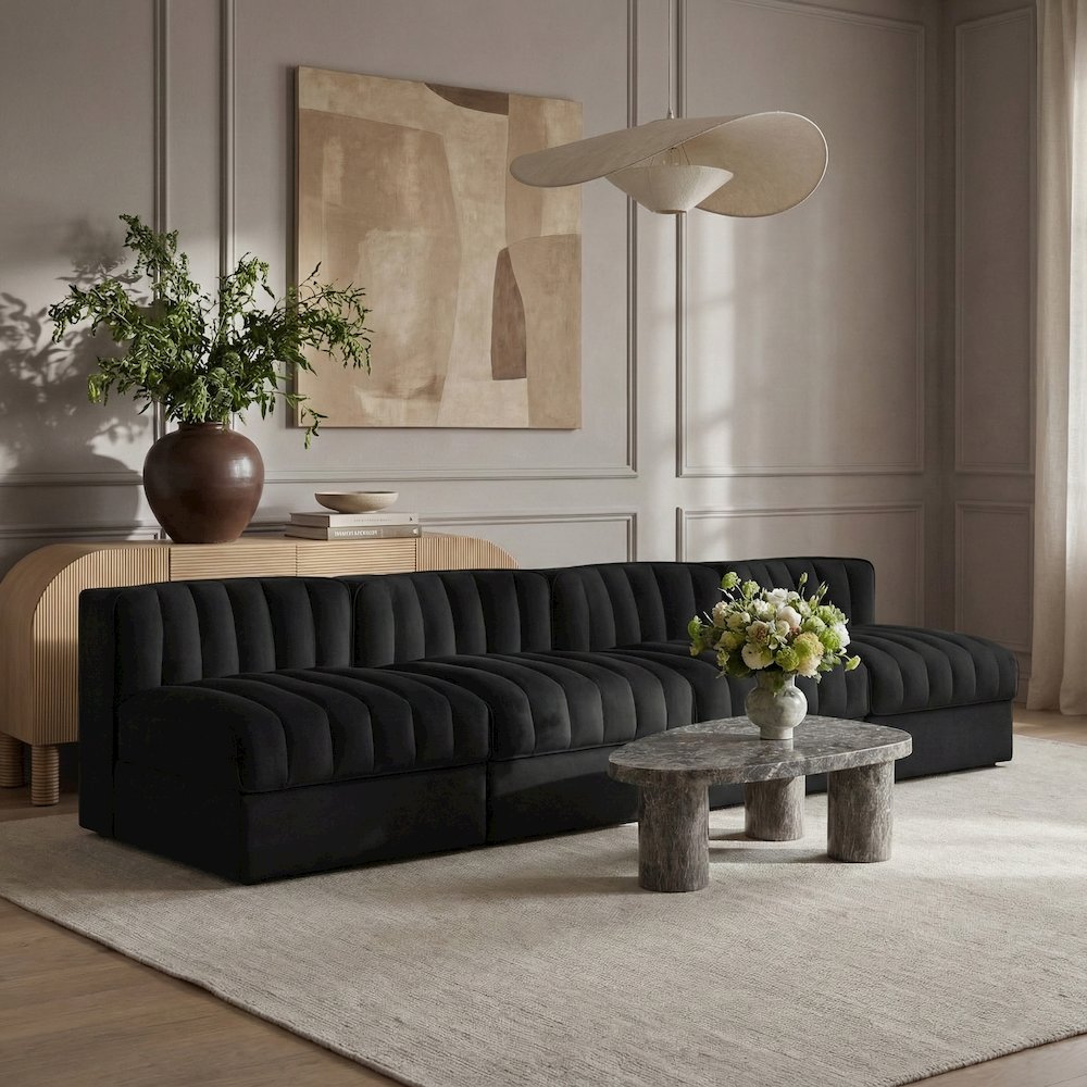 Rummi Black Velvet Performance Fabric Upholstered 4pc. Modular Sofa