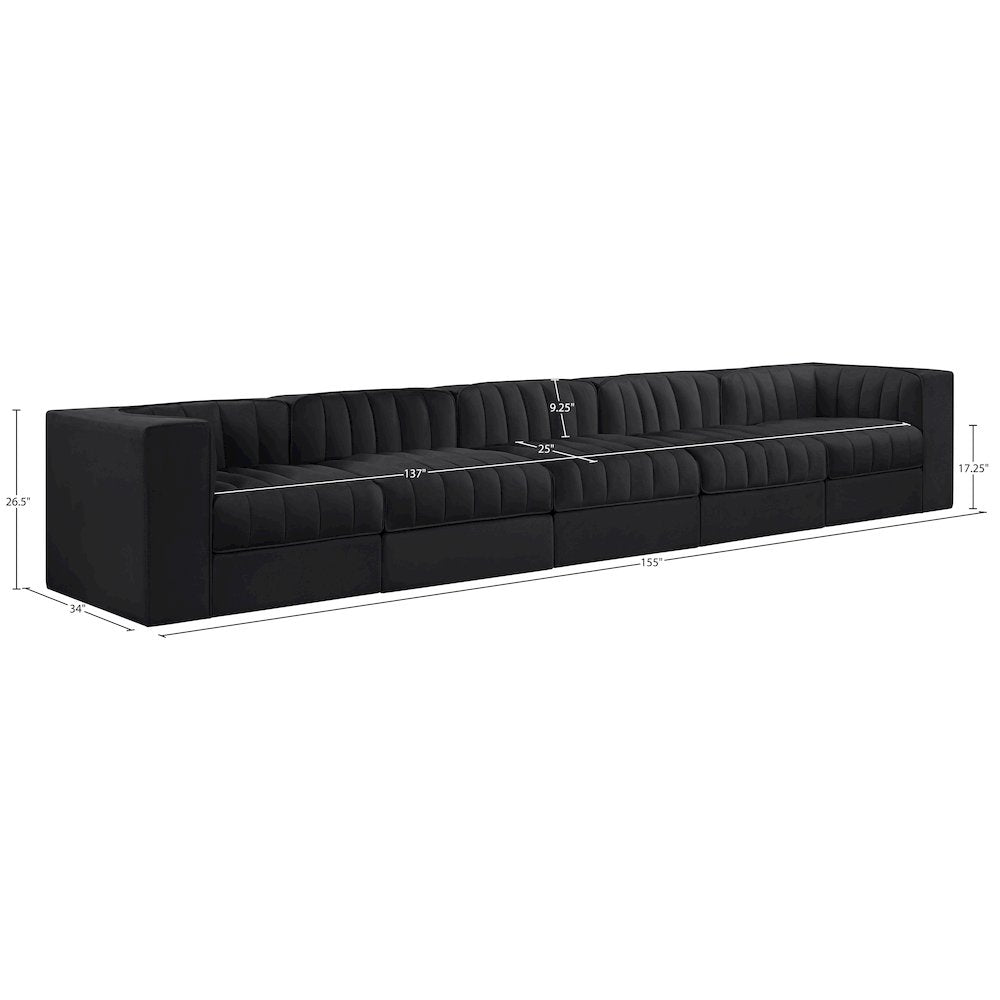 Rummi Black Velvet Performance Fabric Upholstered 5pc. Modular Sofa