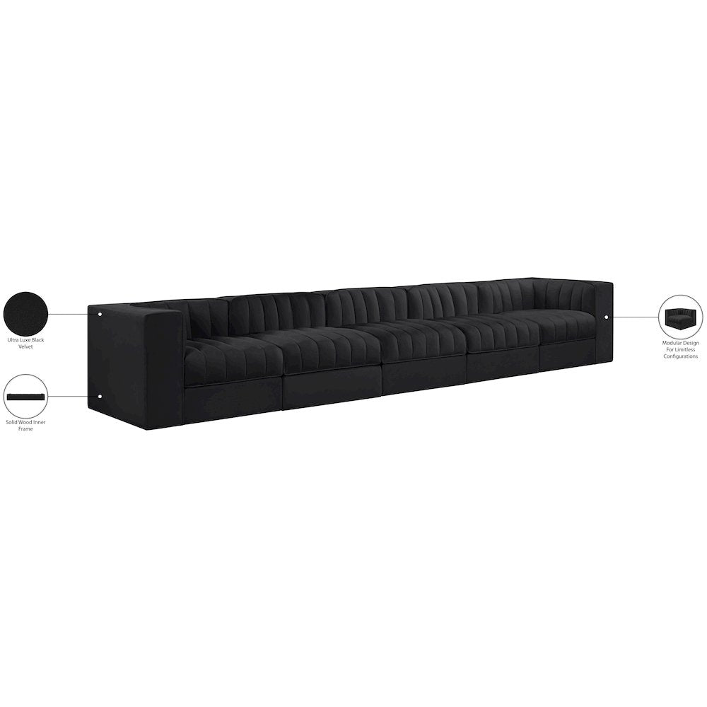 Rummi Black Velvet Performance Fabric Upholstered 5pc. Modular Sofa
