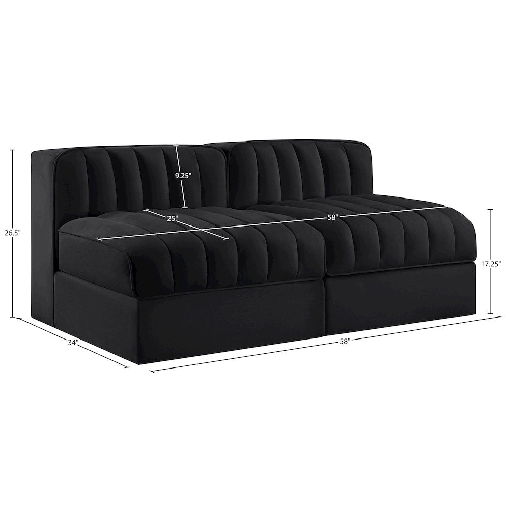 Rummi Black Velvet Performance Fabric Upholstered 2pc. Modular Loveseat