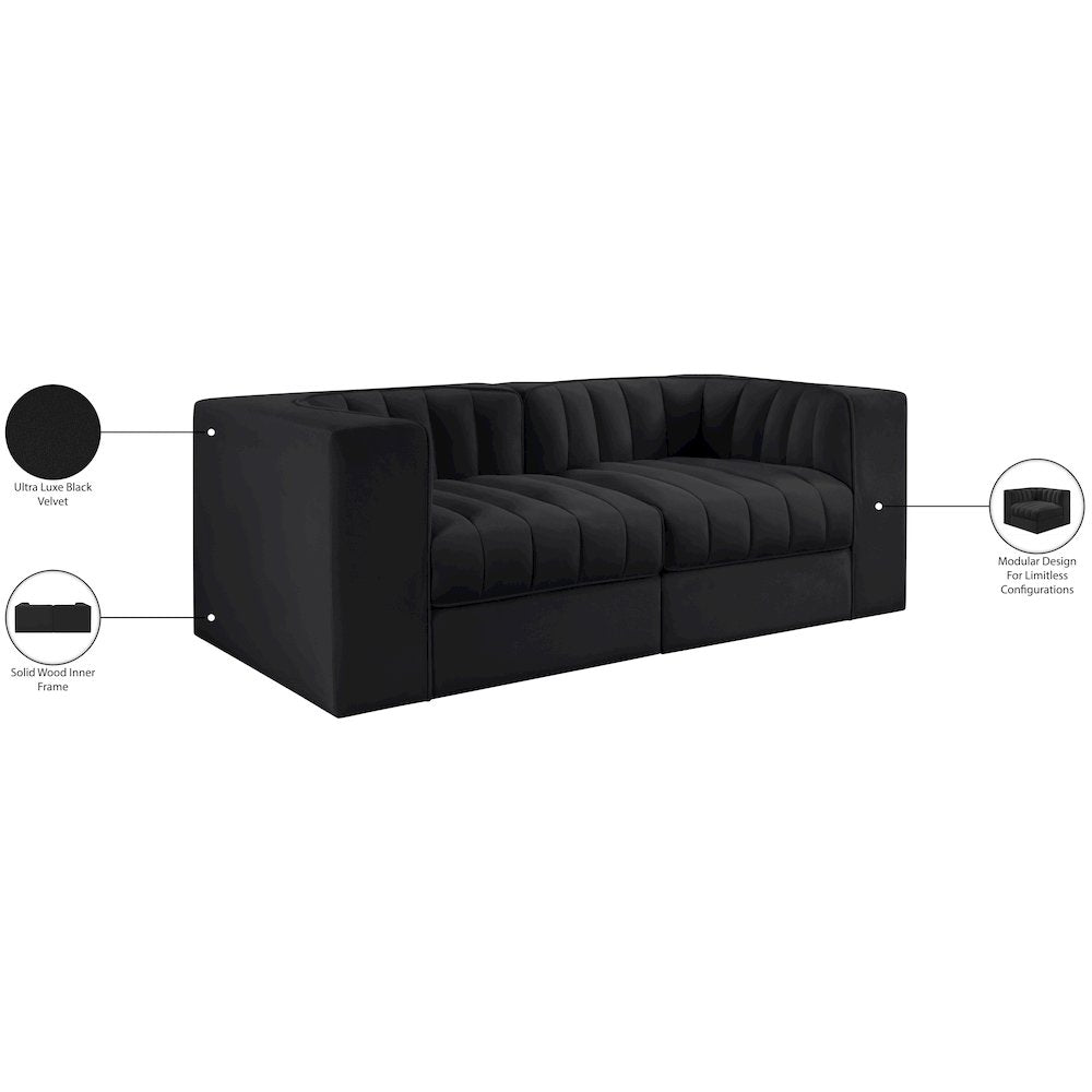 Rummi Black Velvet Performance Fabric Upholstered 2pc. Modular Loveseat
