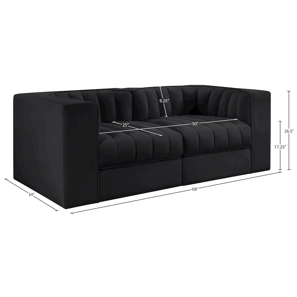Rummi Black Velvet Performance Fabric Upholstered 2pc. Modular Loveseat