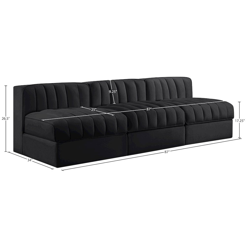 Rummi Black Velvet Performance Fabric Upholstered 3pc. Modular Sofa