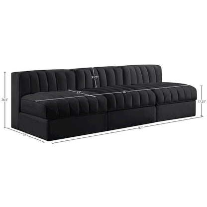 Rummi Black Velvet Performance Fabric Upholstered 3pc. Modular Sofa