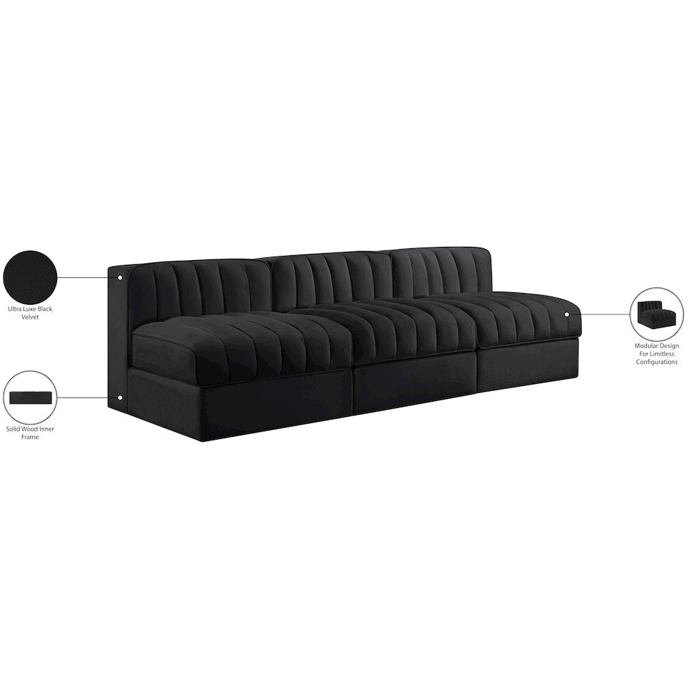 Rummi Black Velvet Performance Fabric Upholstered 3pc. Modular Sofa