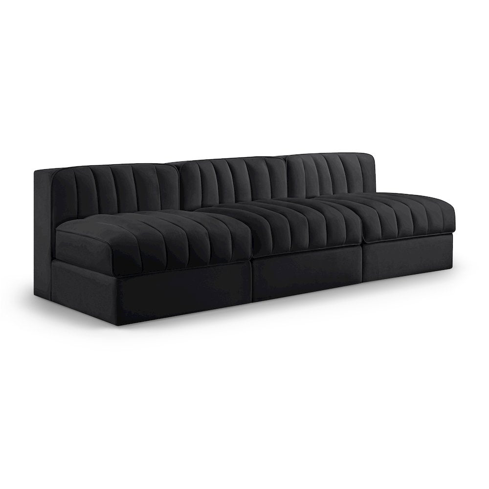 Rummi Black Velvet Performance Fabric Upholstered 3pc. Modular Sofa