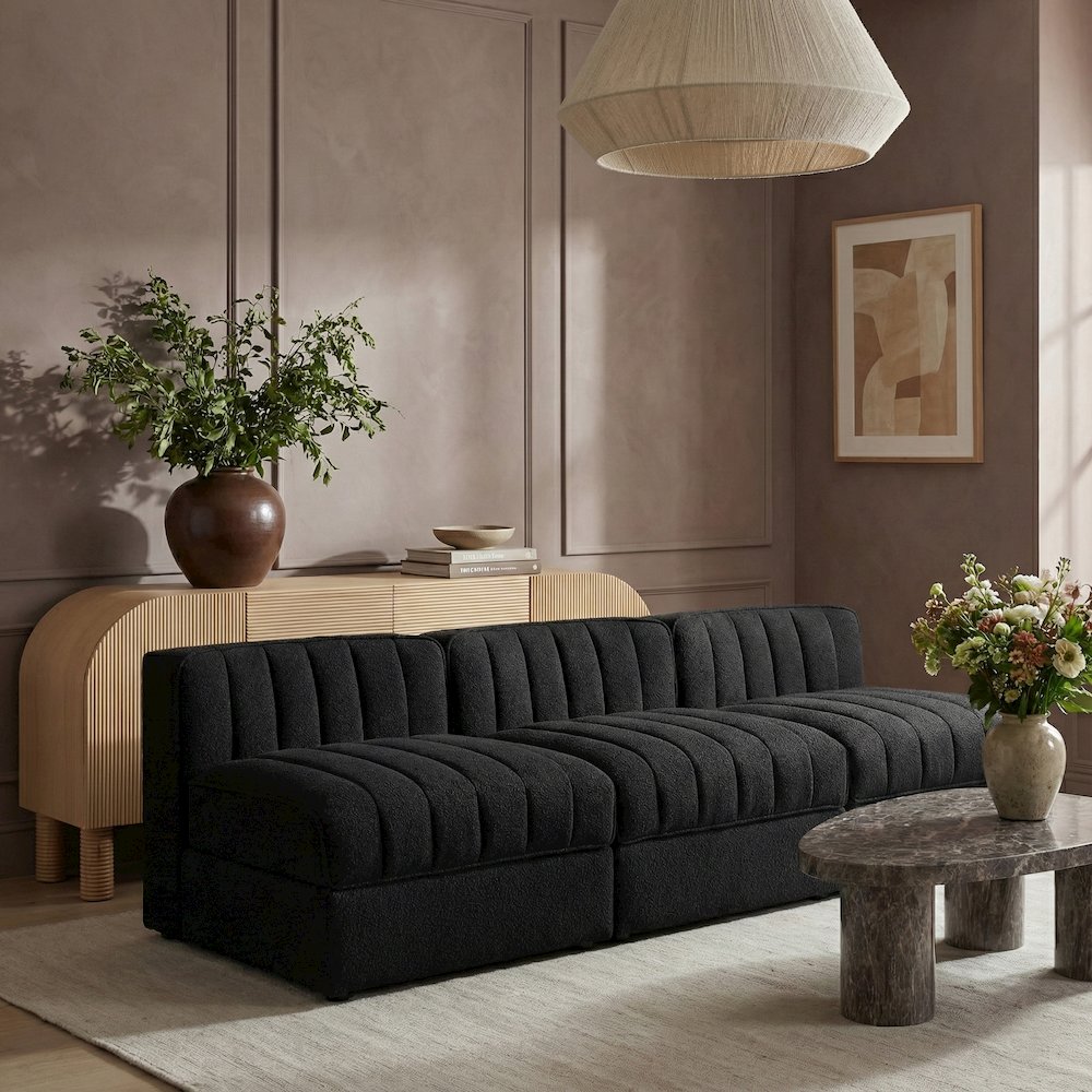 Rummi Black Velvet Performance Fabric Upholstered 3pc. Modular Sofa