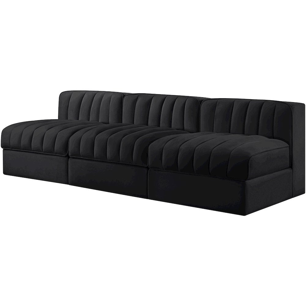 Rummi Black Velvet Performance Fabric Upholstered 3pc. Modular Sofa