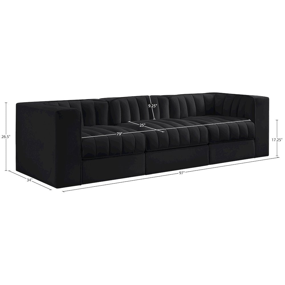 Rummi Black Velvet Performance Fabric Upholstered 3pc. Modular Sofa