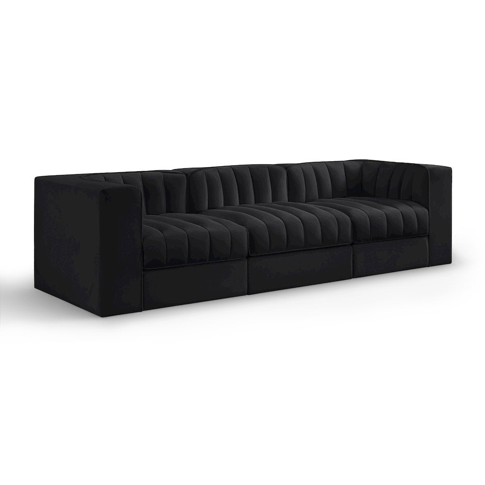 Rummi Black Velvet Performance Fabric Upholstered 3pc. Modular Sofa