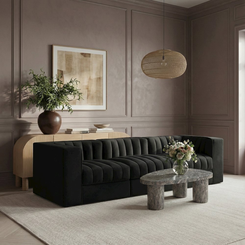 Rummi Black Velvet Performance Fabric Upholstered 3pc. Modular Sofa