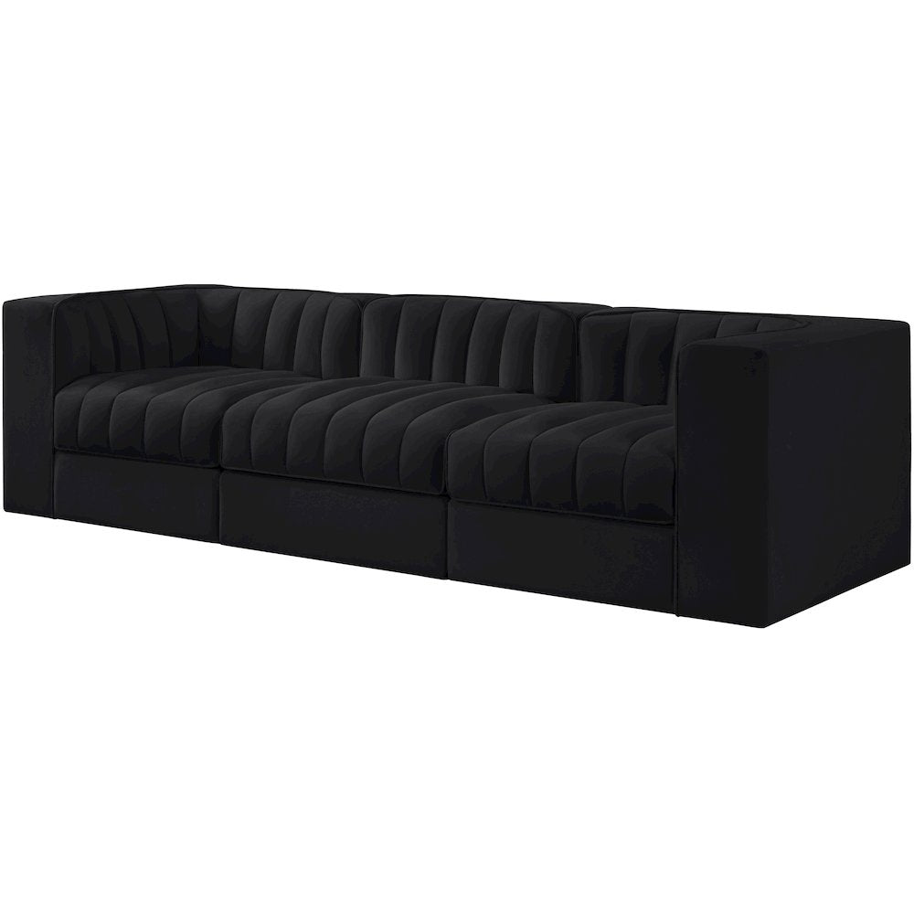 Rummi Black Velvet Performance Fabric Upholstered 3pc. Modular Sofa