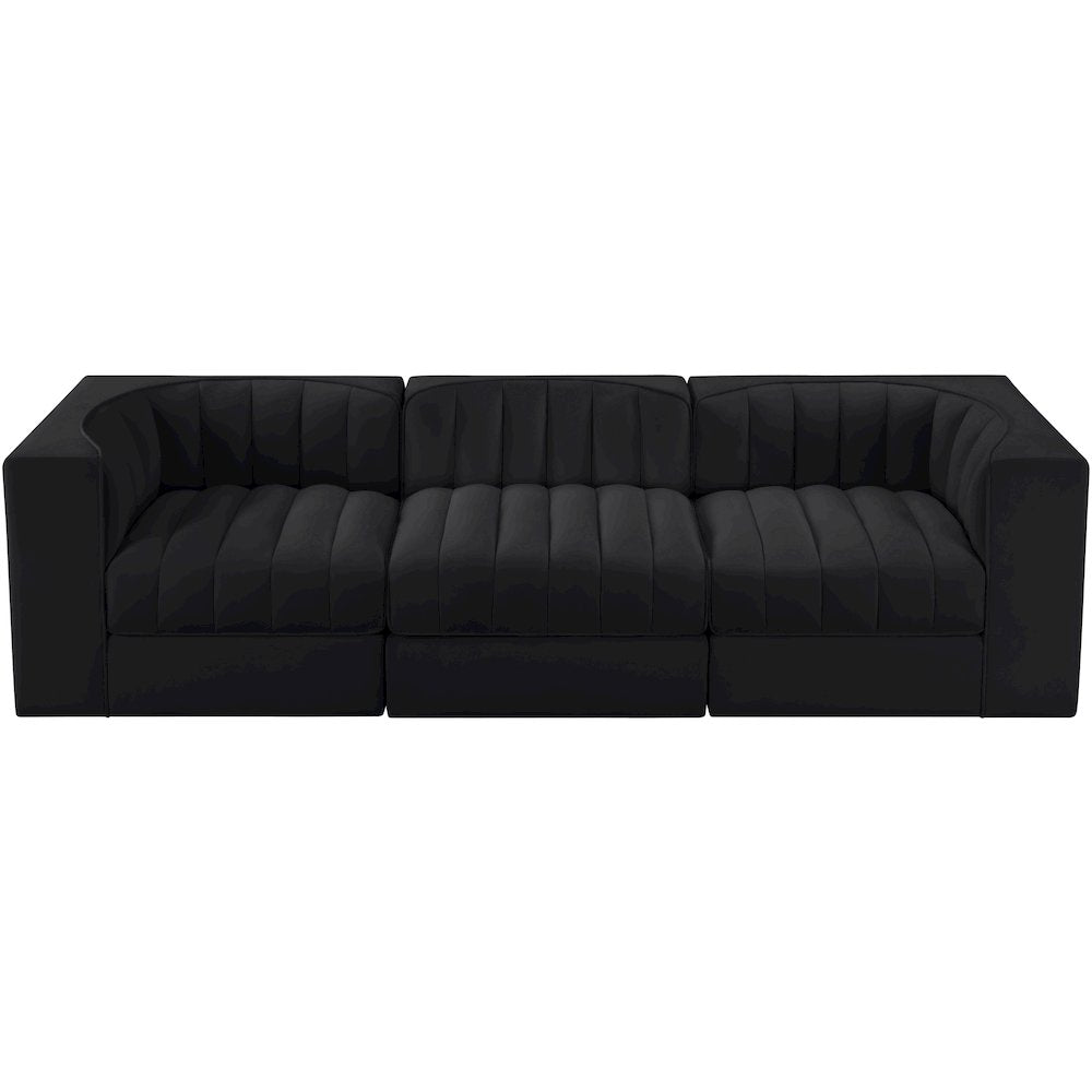 Rummi Black Velvet Performance Fabric Upholstered 3pc. Modular Sofa