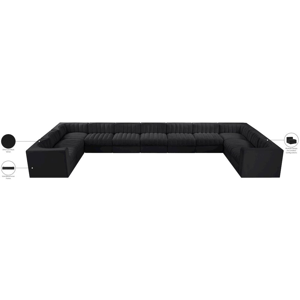 Rummi Black Velvet Performance Fabric Upholstered 11pc. Modular Sectional