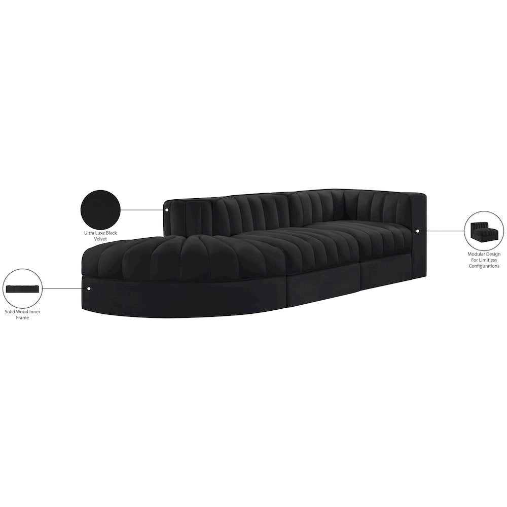 Rummi Black Velvet Performance Fabric Upholstered 3pc. Modular Sectional