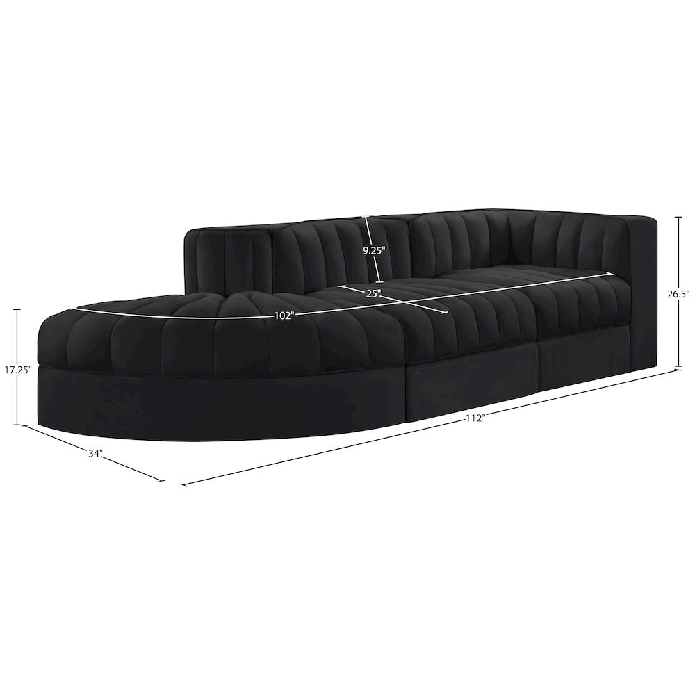 Rummi Black Velvet Performance Fabric Upholstered 3pc. Modular Sectional