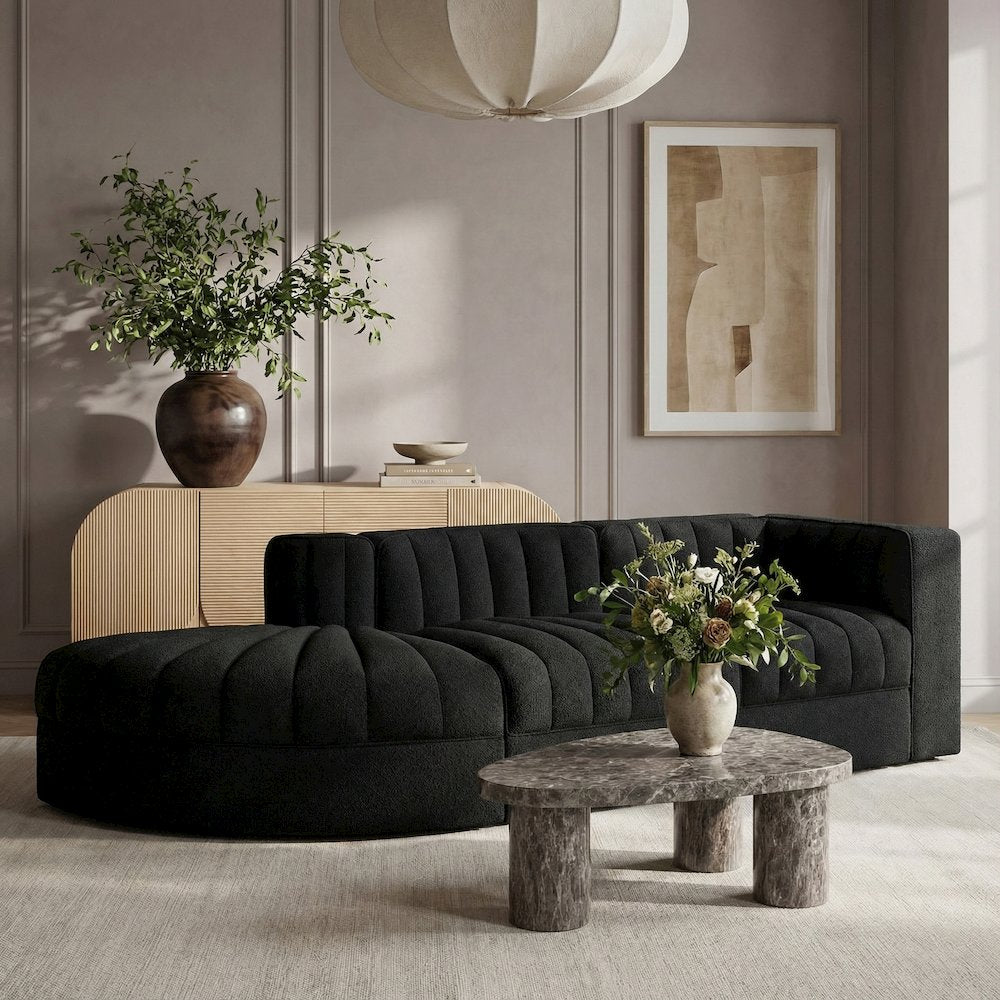 Rummi Black Velvet Performance Fabric Upholstered 3pc. Modular Sectional