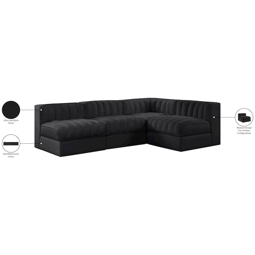Rummi Black Velvet Performance Fabric Upholstered 4pc. Modular Sectional