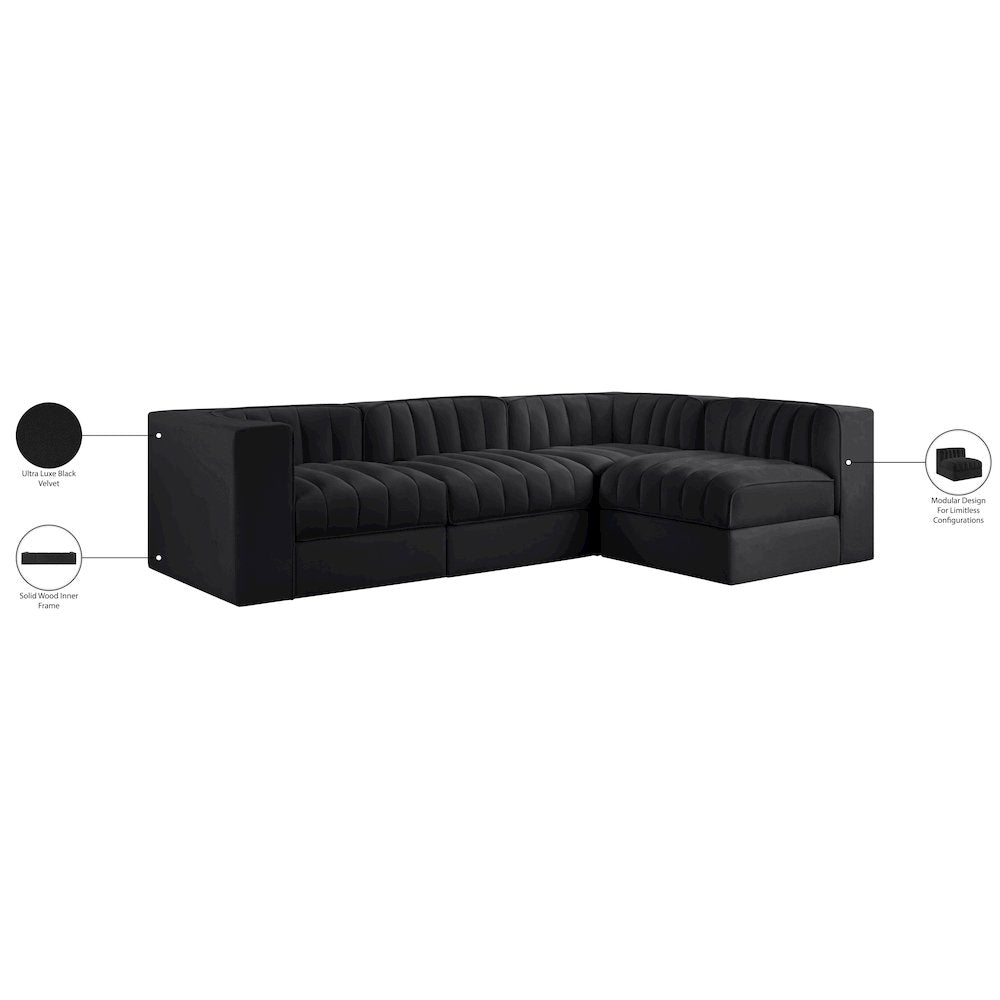 Rummi Black Velvet Performance Fabric Upholstered 4pc. Modular Sectional