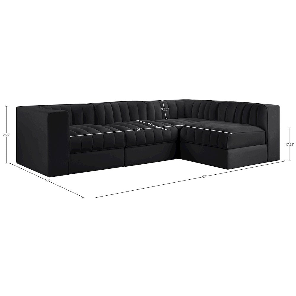 Rummi Black Velvet Performance Fabric Upholstered 4pc. Modular Sectional