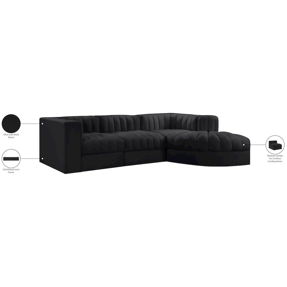 Rummi Black Velvet Performance Fabric Upholstered 4pc. Modular Sectional