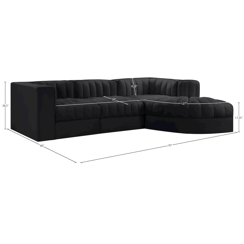 Rummi Black Velvet Performance Fabric Upholstered 4pc. Modular Sectional