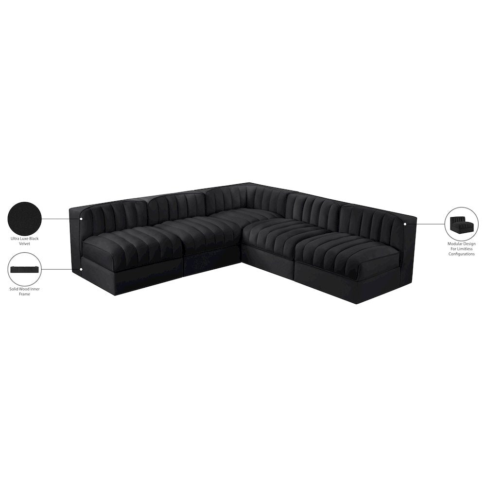 Rummi Black Velvet Performance Fabric Upholstered 5pc. Modular Sectional