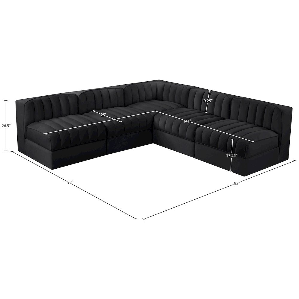 Rummi Black Velvet Performance Fabric Upholstered 5pc. Modular Sectional