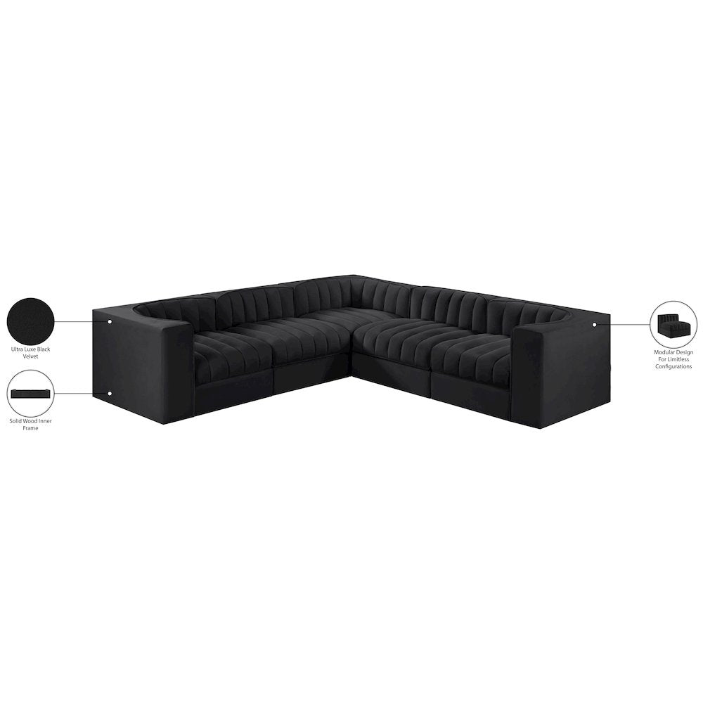 Rummi Black Velvet Performance Fabric Upholstered 5pc. Modular Sectional