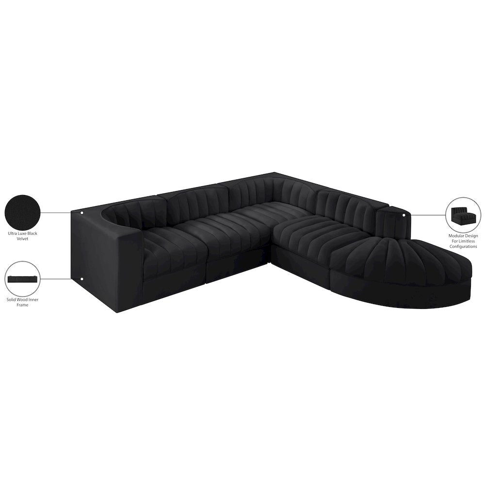 Rummi Black Velvet Performance Fabric Upholstered 5pc. Modular Sectional