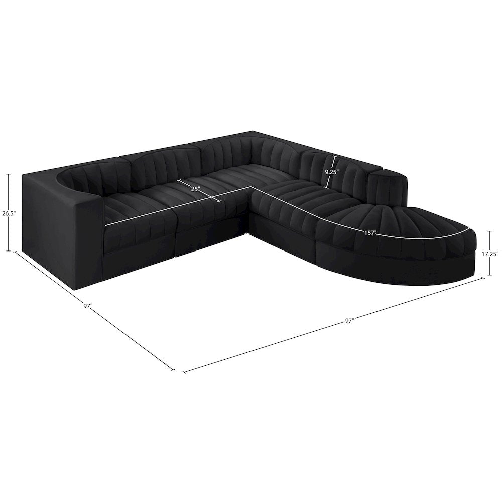 Rummi Black Velvet Performance Fabric Upholstered 5pc. Modular Sectional