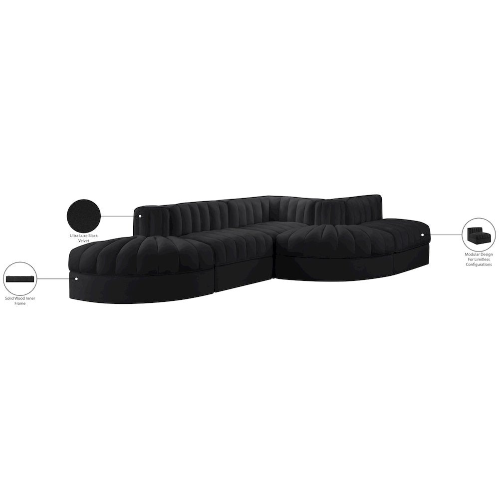 Rummi Black Velvet Performance Fabric Upholstered 5pc. Modular Sectional