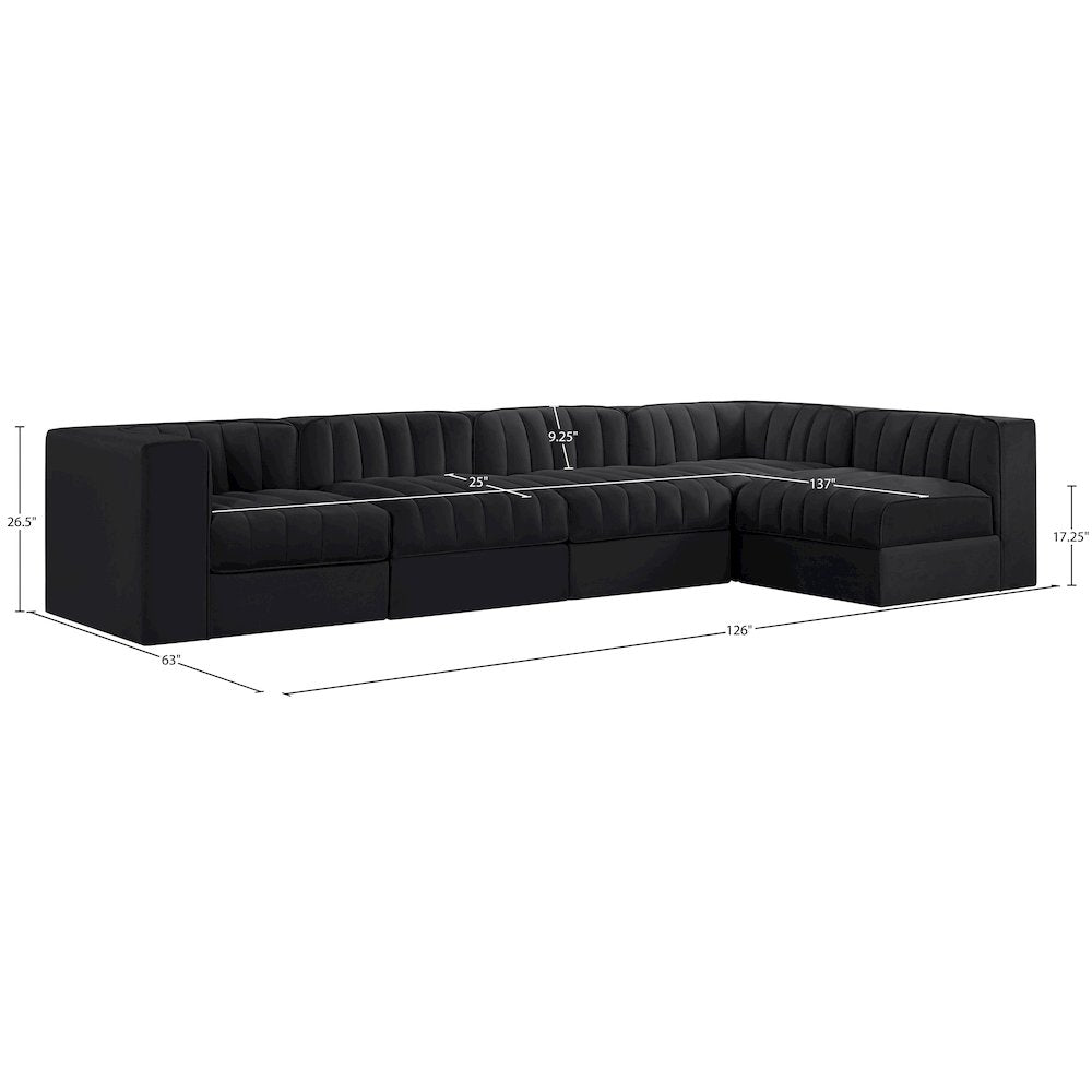Rummi Black Velvet Performance Fabric Upholstered 5pc. Modular Sectional