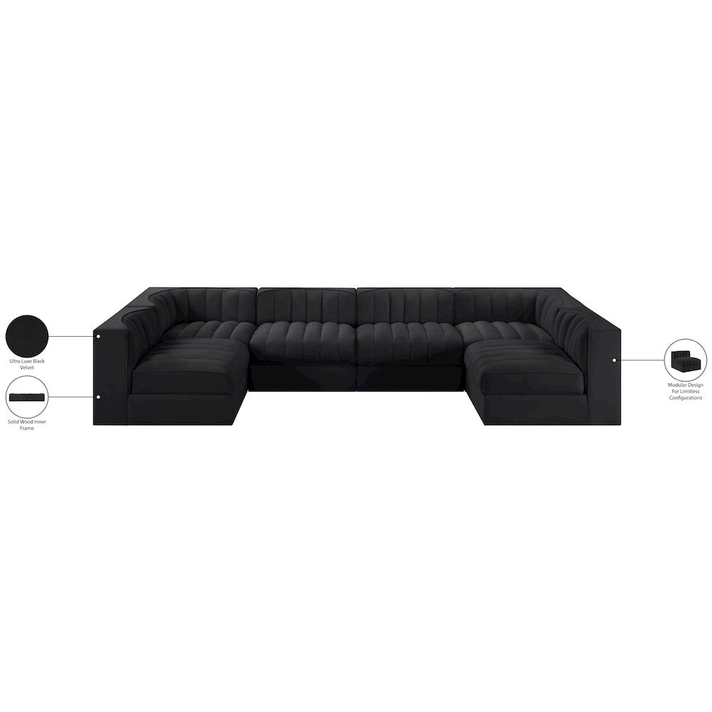 Rummi Black Velvet Performance Fabric Upholstered 6pc. Modular Sectional