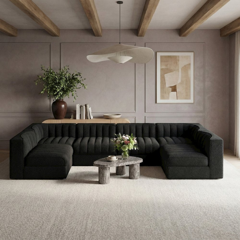Rummi Black Velvet Performance Fabric Upholstered 6pc. Modular Sectional