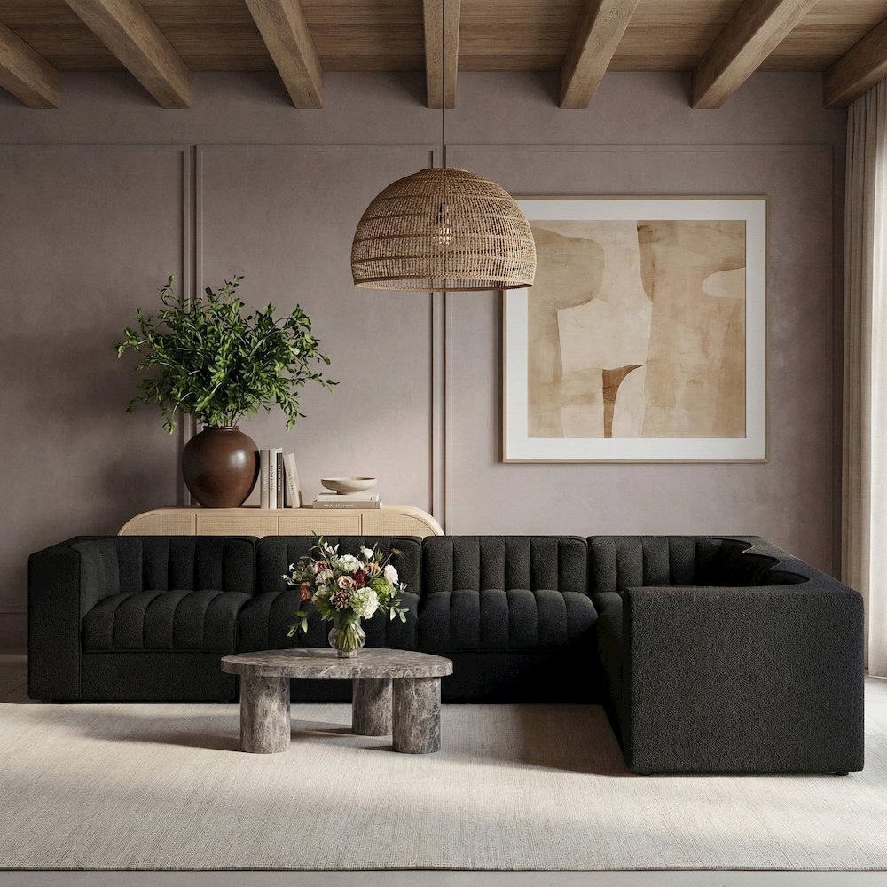 Rummi Black Velvet Performance Fabric Upholstered 6pc. Modular Sectional