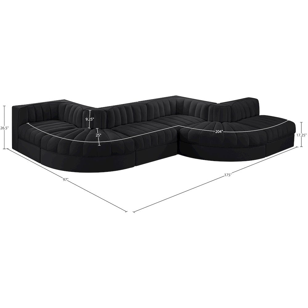 Rummi Black Velvet Performance Fabric Upholstered 6pc. Modular Sectional