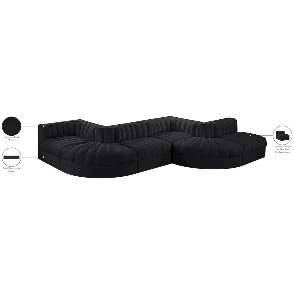 Rummi Black Velvet Performance Fabric Upholstered 6pc. Modular Sectional