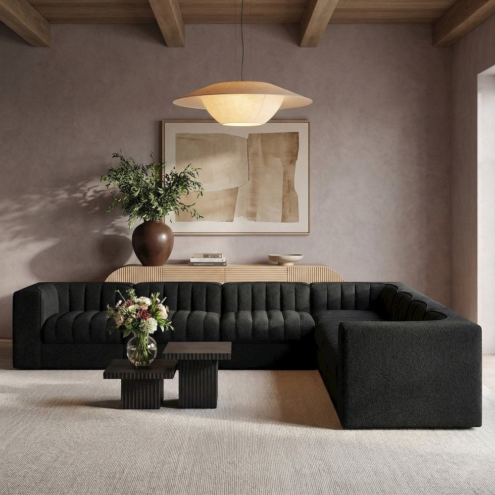 Rummi Black Velvet Performance Fabric Upholstered 7pc. Modular Sectional