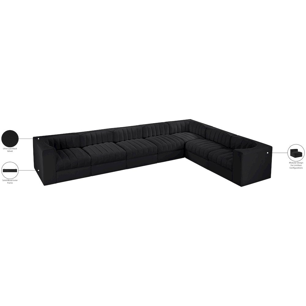 Rummi Black Velvet Performance Fabric Upholstered 7pc. Modular Sectional
