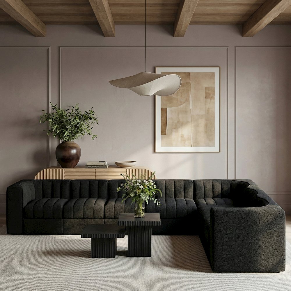 Rummi Black Velvet Performance Fabric Upholstered 7pc. Modular Sectional