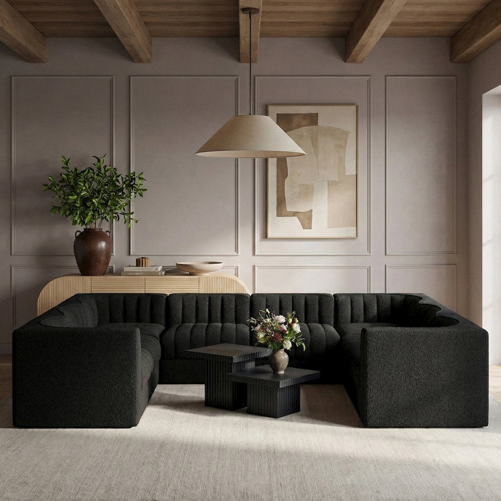 Rummi Black Velvet Performance Fabric Upholstered 8pc.Modular Sectional
