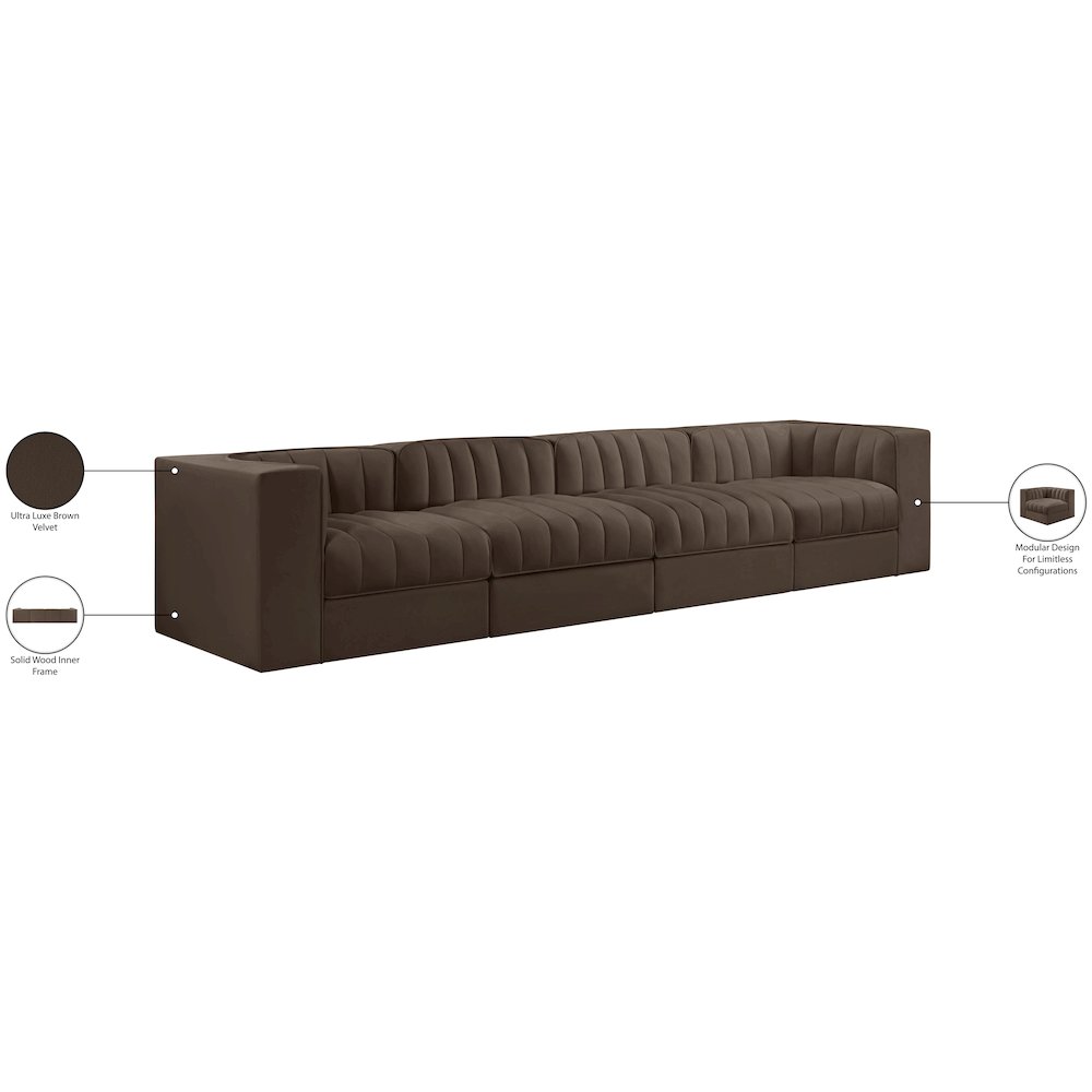 Rummi Brown Velvet Performance Fabric Upholstered 4pc. Modular Sofa