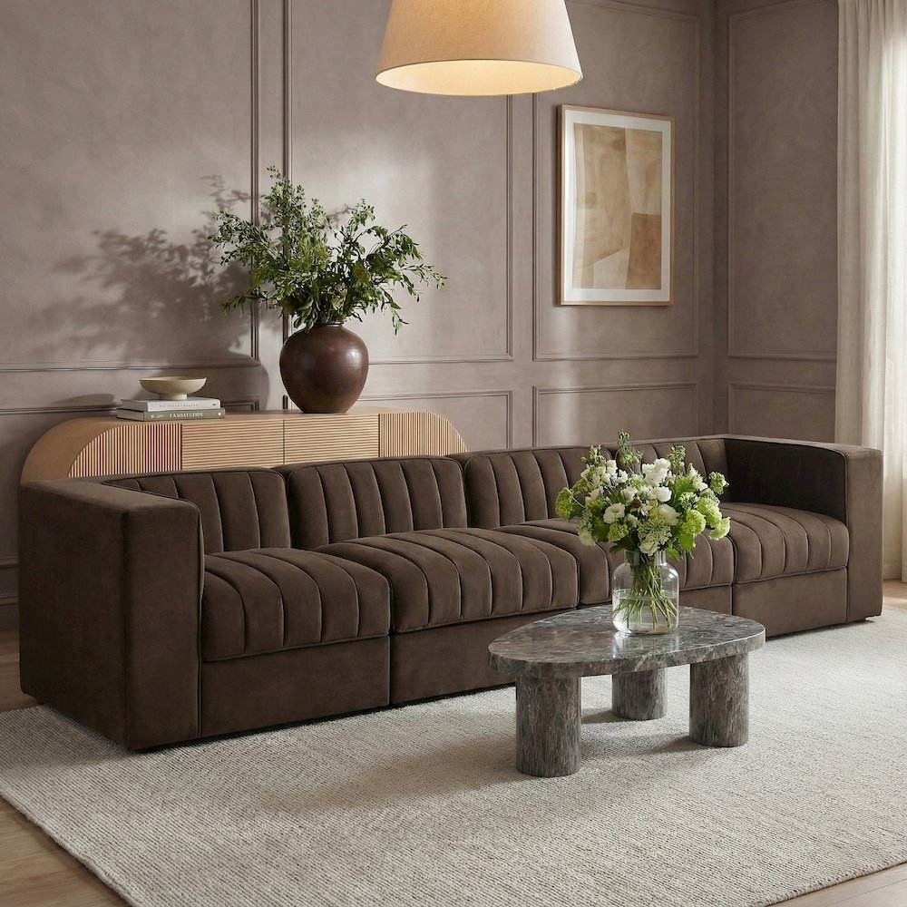 Rummi Brown Velvet Performance Fabric Upholstered 4pc. Modular Sofa